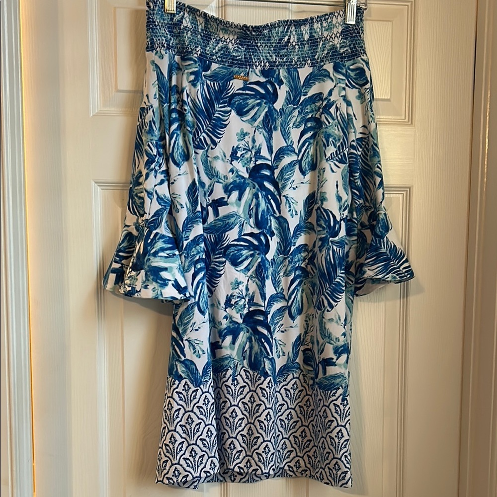 NWT- Cabana Life Blue Leaf Print Women's Dress